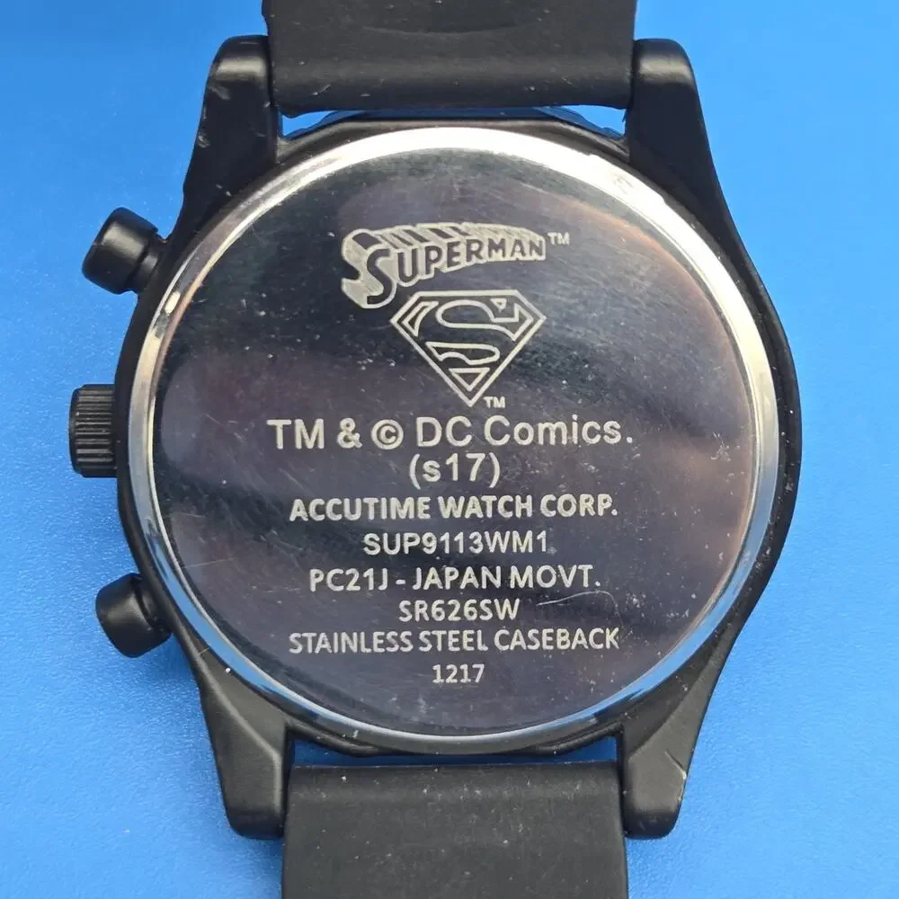 Accutime Superman Watch Mens 40mm Black DC Comics Rubber Strap New Battery